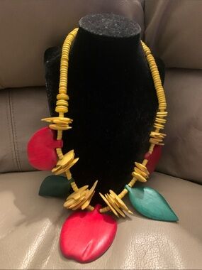 Vintage Handcrafted Yellow Wood Necklace with Red Apples and Green Leaf Pendants